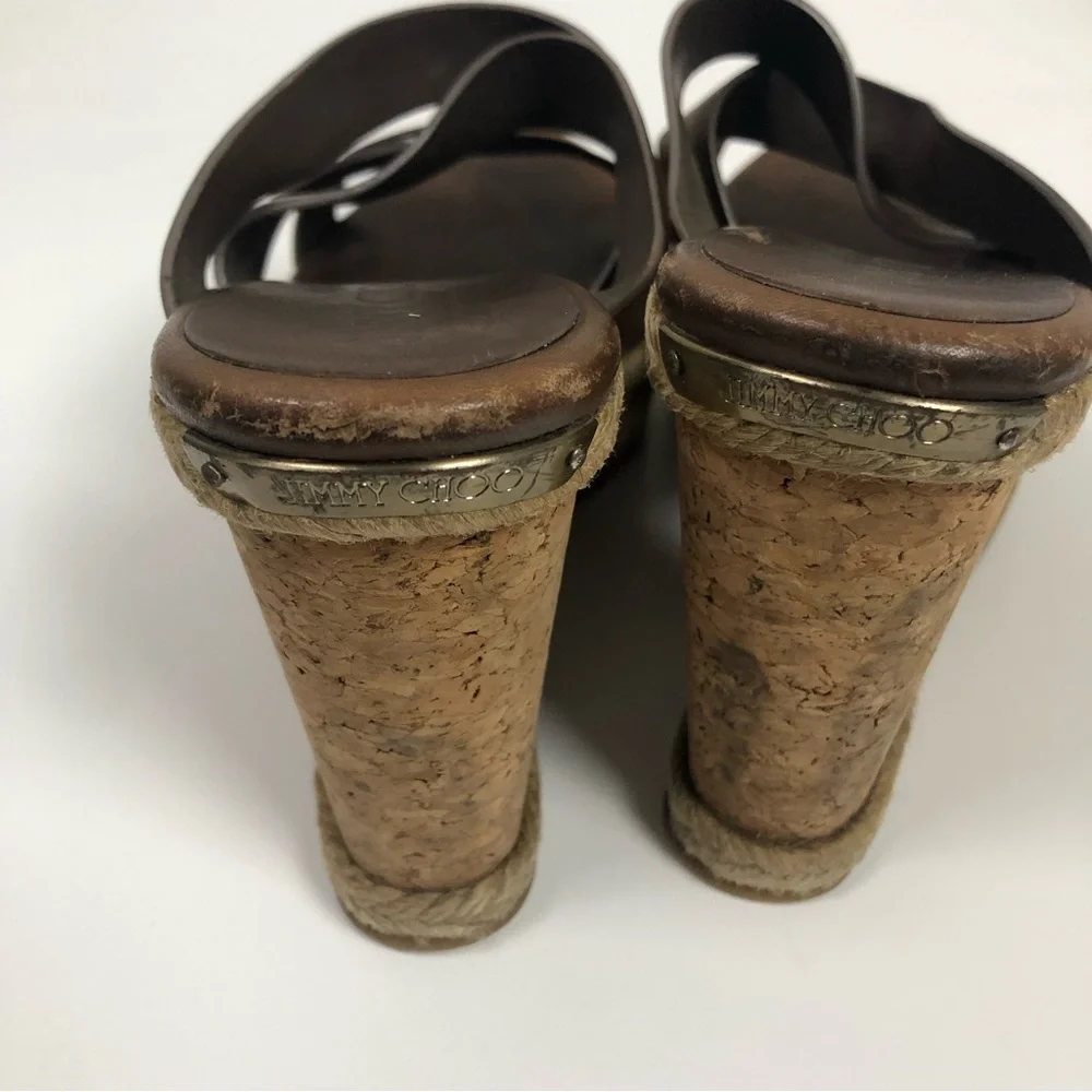 Jimmy Choo Cork Wedge 38 Heels Sandals Camel Brown Leather Strappy Shoes